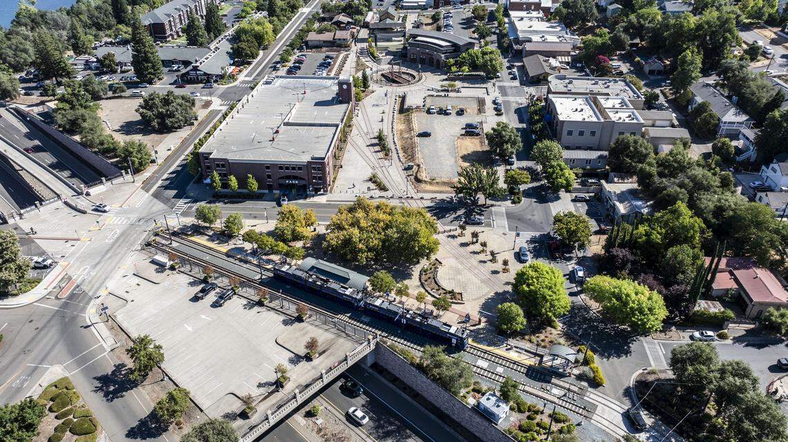 A Regional Transit light rail train prepares to leave downtown Folsom on Friday. The station's presence in the city would potentially make the historic district subject to the housing requirements of Senate Bill 79.