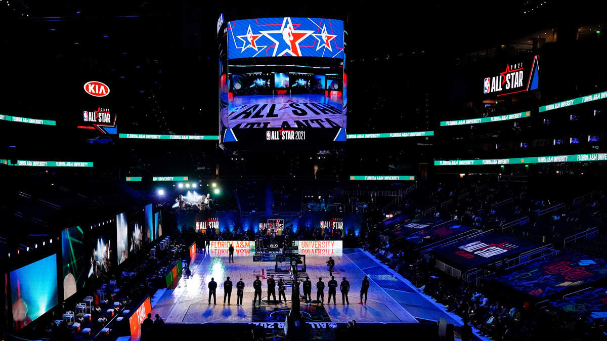 Players introduced before basketball’s NBA All-Star Game in Atlanta, Sunday, March 7, 2021. (AP Photo/Brynn Anderson)