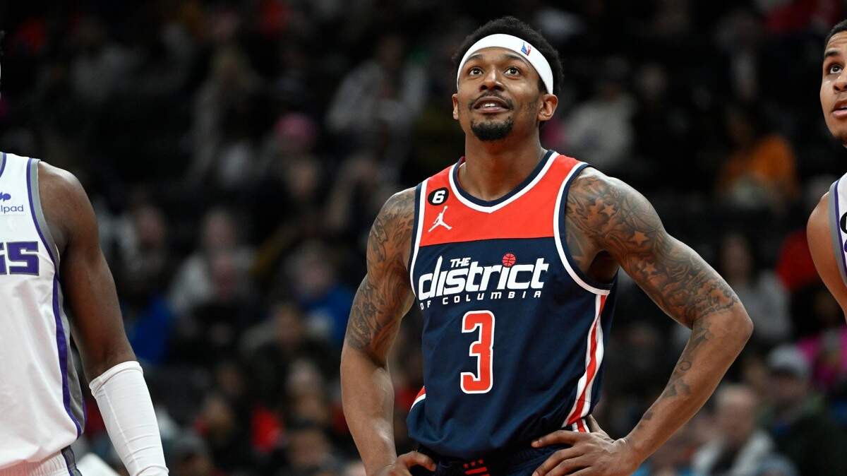 Washington Wizards guard Bradley Beal (3) looks on against the Sacramento Kings during the second half at Capital One Arena on March 18, 2023.