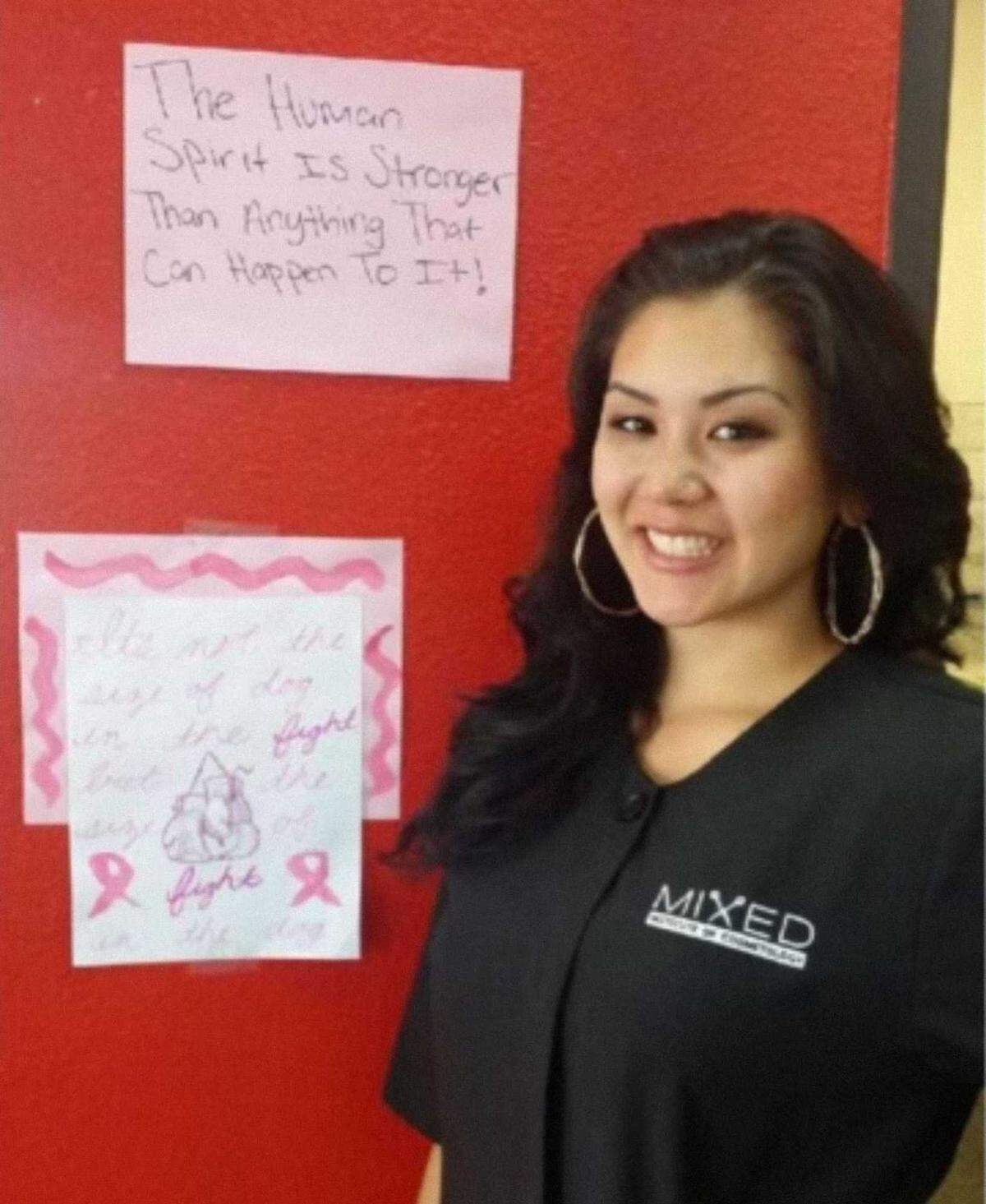 Angelica Bravo is shown with inspirational messages she posted at the Mixed Institute in Sacramento, where she worked as an instructor. Bravo, a 28-year-old mother of three, was found dead on July 8, 2024, at a North Sacramento home. Her boyfriend, Camron Lee, who was accused of killing her and disappearing with their two young children, was arrested Tuesday in San Diego.