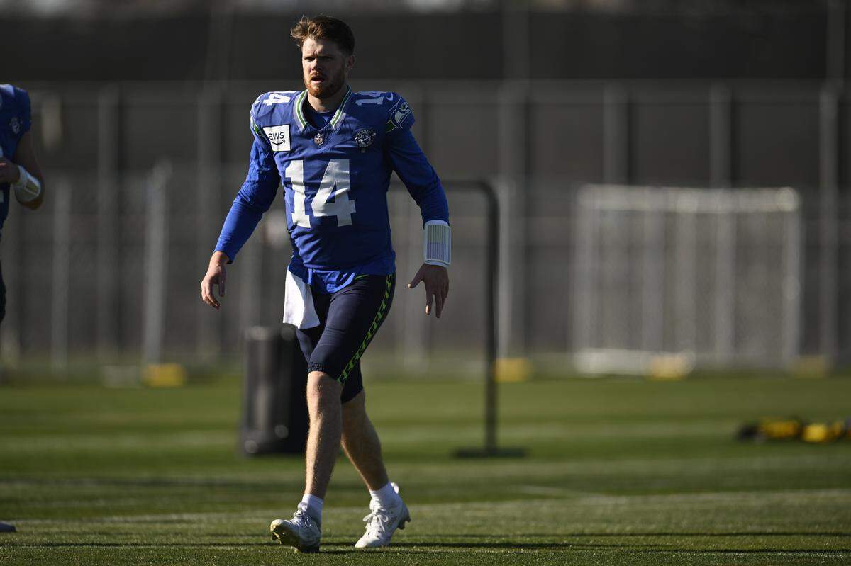 SAN JOSE, CALIFORNIA - FEBRUARY 04: Sam Darnold #14 of the Seattle Seahawks during a practice ahead of Super Bowl LX at San Jose State University on February 04, 2026 in San Jose, California. (Photo by Eakin Howard/Getty Images)