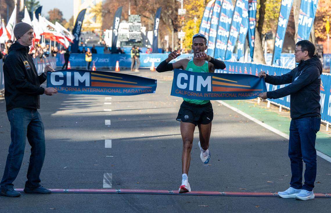 Tsegay Weldlibanos finishes with a men’s course record to win his first-ever California International Marathon on Sunday.
