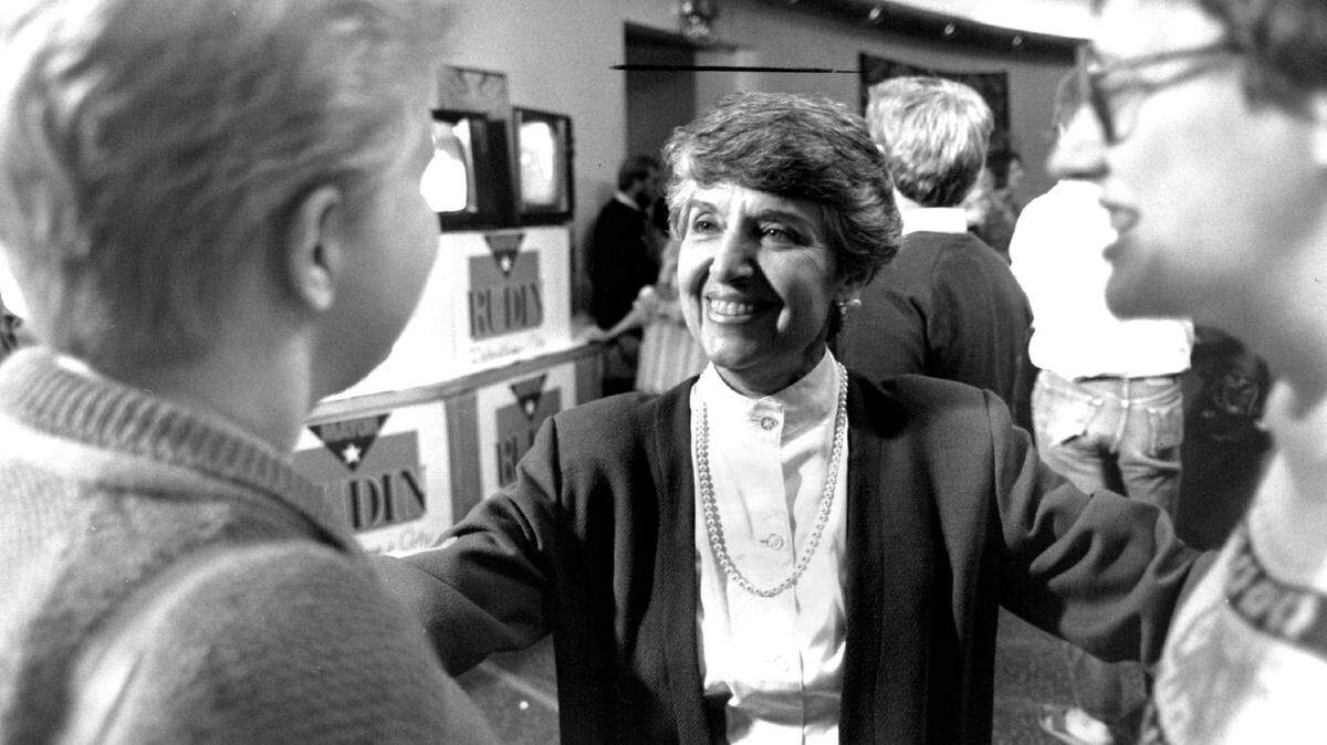 Mayor Anne Rudin speaks with well-wishers at her election night party on Wednesday, Nov. 4, 1987. The mayor won a second term with a comfortable margin over challenger Brian Van Camp.