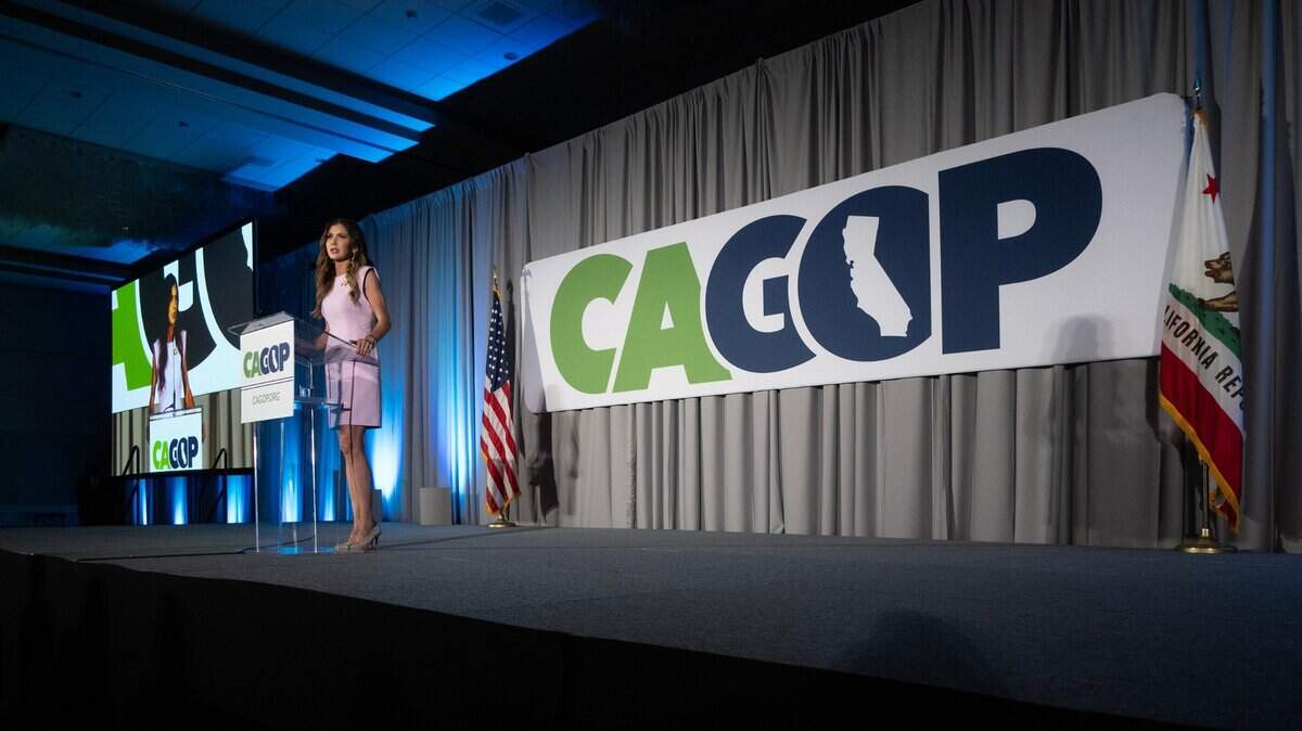 South Dakota Gov. Kristi Noem speaks at the CAGOP Convention on Saturday, May 18, 2024, at the Hyatt Regency Airport hotel in Burlingame.