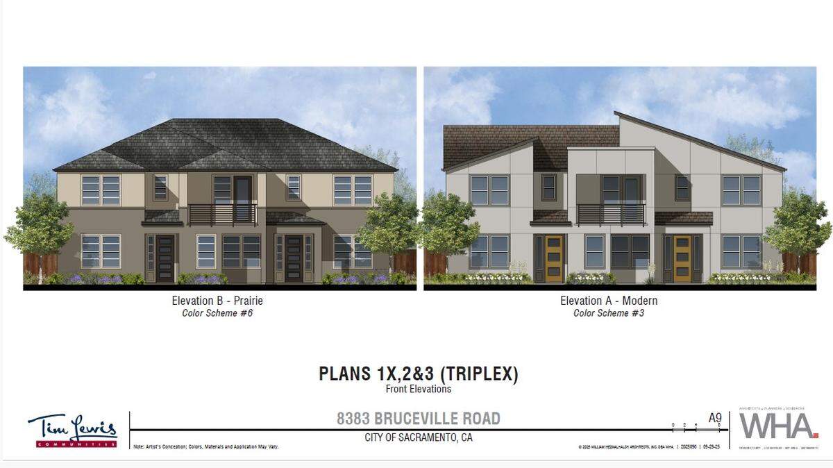 Renderings show planned designs for homes in a subdivision planned for 8383 Bruceville Road in Sacramento’s Valley Hi / North Laguna neighborhood.