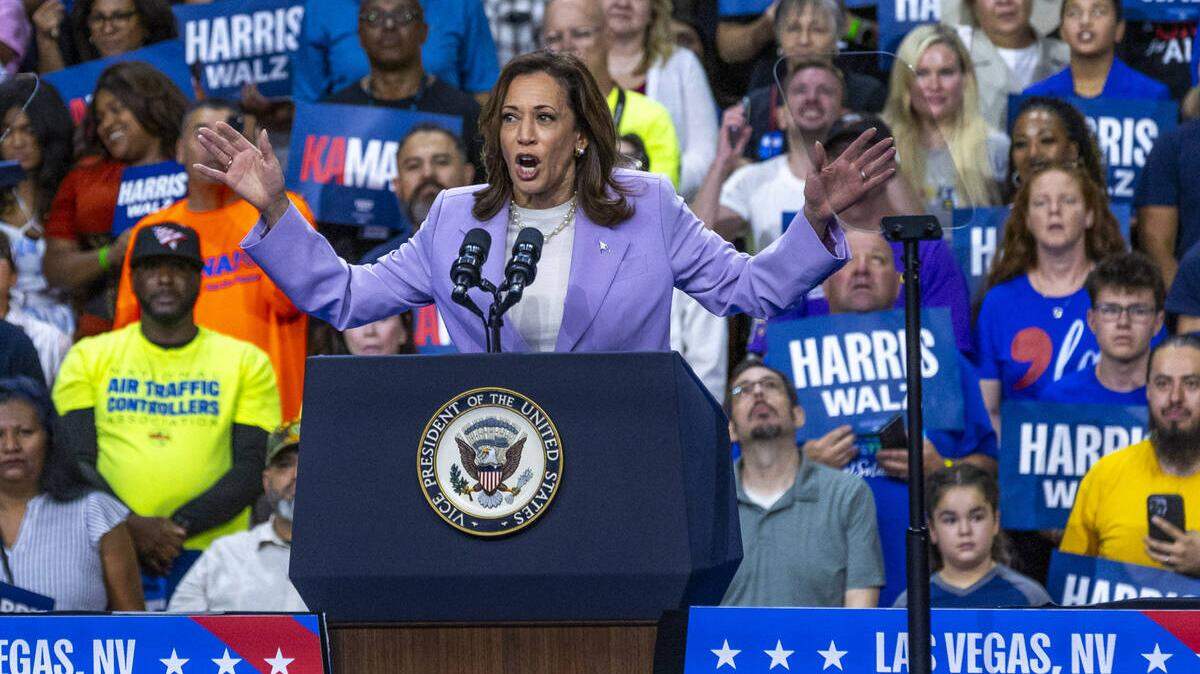 Vice President Kamala Harris speaks during a campaign rally at UNLV’s Thomas and Mack Center on Saturday, Aug. 10, 2024, in Las Vegas. At the rally, Harris said she would seek to end federal income taxes on tips if she were elected president, mirroring a policy proposal that former President Donald Trump.