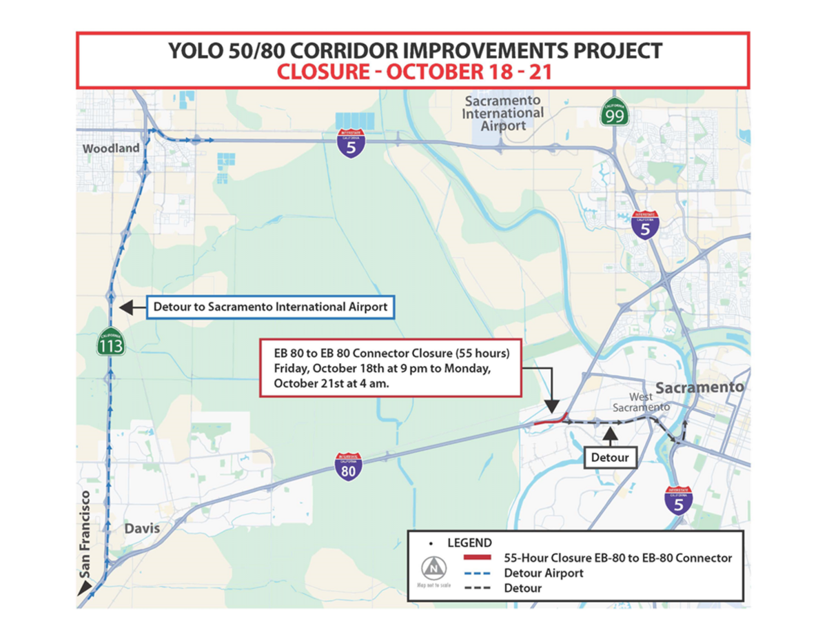 Construction will close eastbound Interstate 80 to the eastbound Interstate 80 connector will be closed from Friday, Oct. 18, to Monday, Oct. 21, 2024, according to