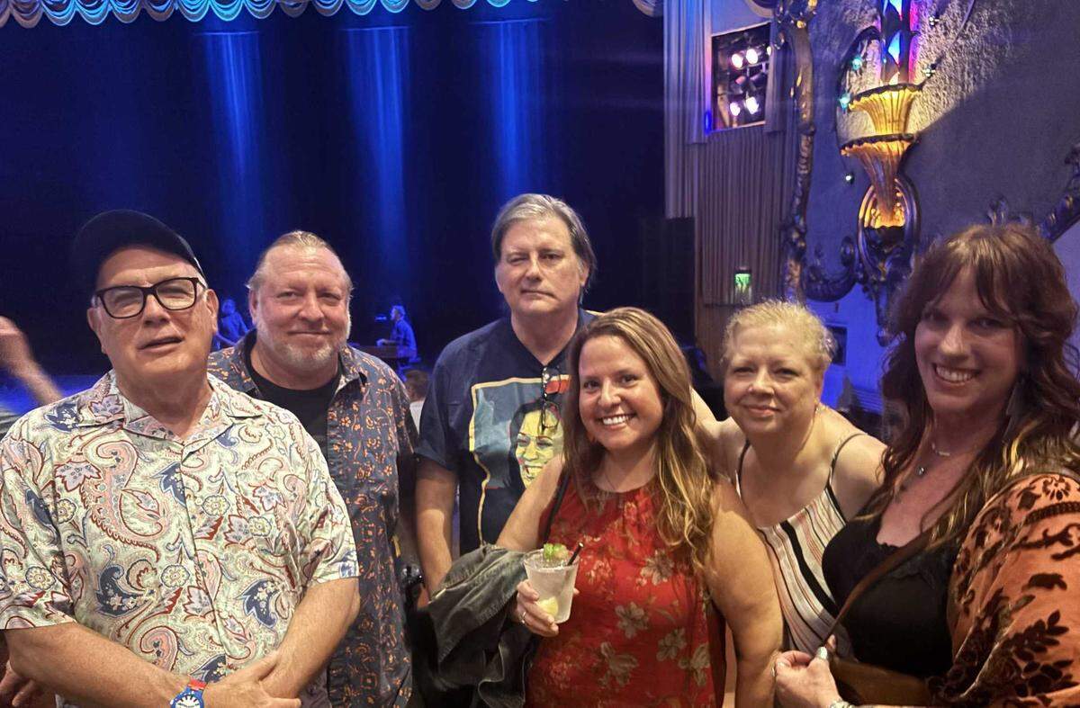 Brian McKenna, second from left, is photographed with capital music promoters from the past and present and friends at the Crest Theatre including, from left to right, Stewart Katz, Jerry Perry, Jennifer Curtsinger, Linda Perry and Jen Moore. McKenna was recently hospitalized and local musicians are raising money for his medical expenses with a concert Monday at Harlow’s in midtown Sacramento.