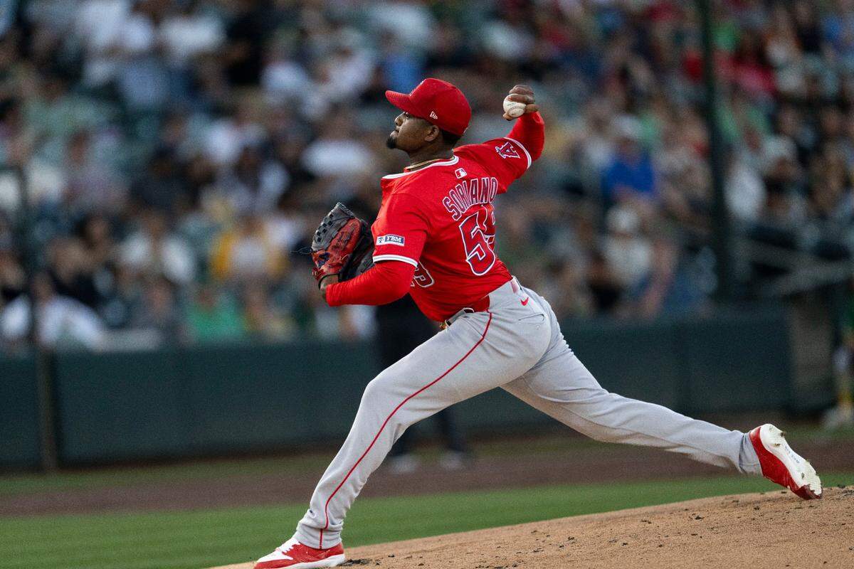 The Los Angeles Angels’ José Soriano (59) pitches during a MLB game against the Athletics at Sutter Health Park in West Sacramento on Monday.