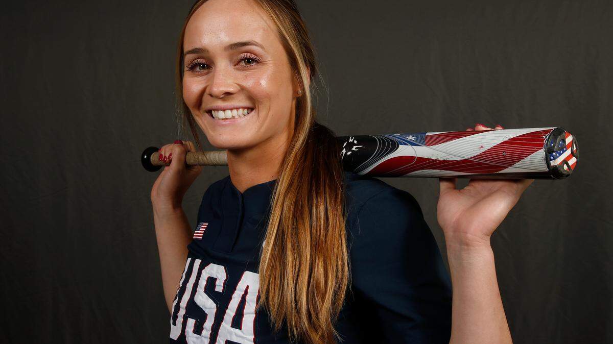 Ali Aguilar poses for a photo during media day at the USA Softball Women’s Olympic Team Selection Trials Monday, Oct. 7, 2019.
