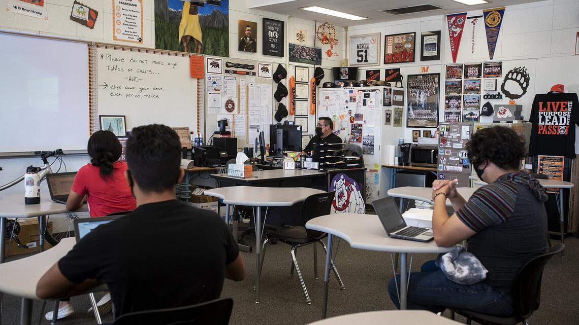 A classroom at Merced High School in California is shown.