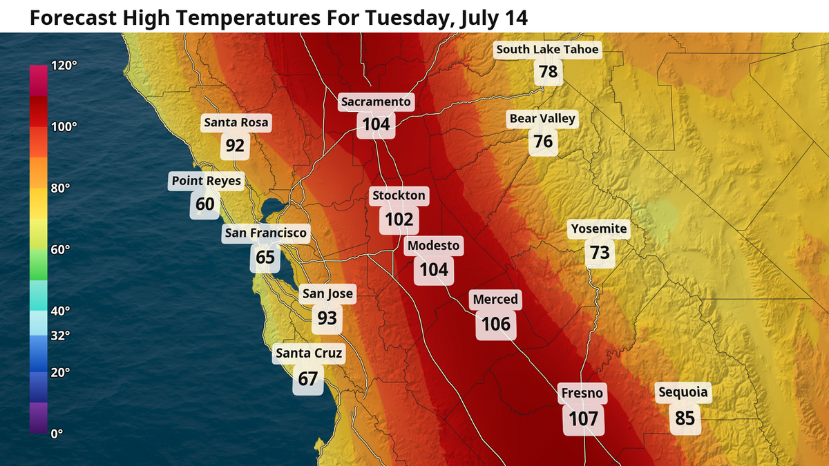 Forecast high temperatures for Tuesday, July 14.