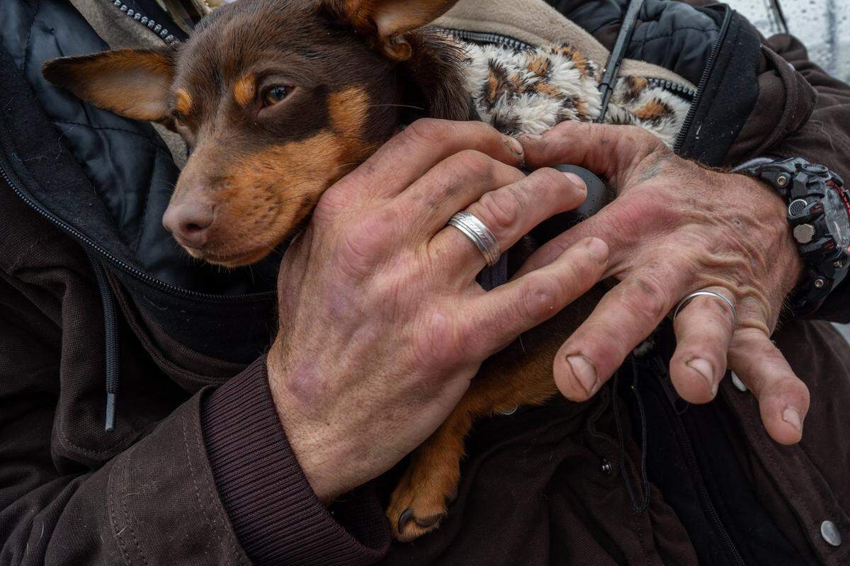 Phillip Minton holds Sissy, one of the dogs he shared with his partner Wendy Connell, as he stands earlier this month near a memorial for her at the intersection of Roseville Road and Longview Drive. She was killed nearby when a truck hit her while she was cycling to a dentist appointment. Minton and Connell had been together for 11 years, and his rings were gifts from her, he said.