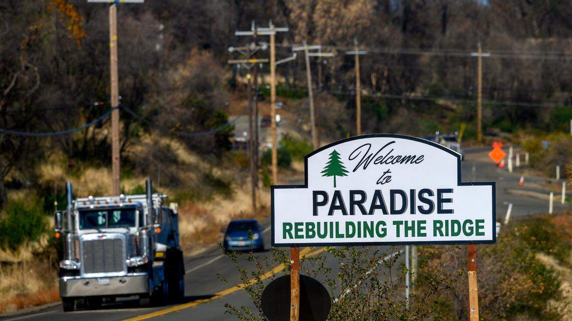 A welcome sign along Clark Street reminds drivers of the rebuilding of the ridge in 2019, almost a year after the Camp Fire, in Paradise. The fire was the deadliest wildfire in California history and claimed 86 lives.