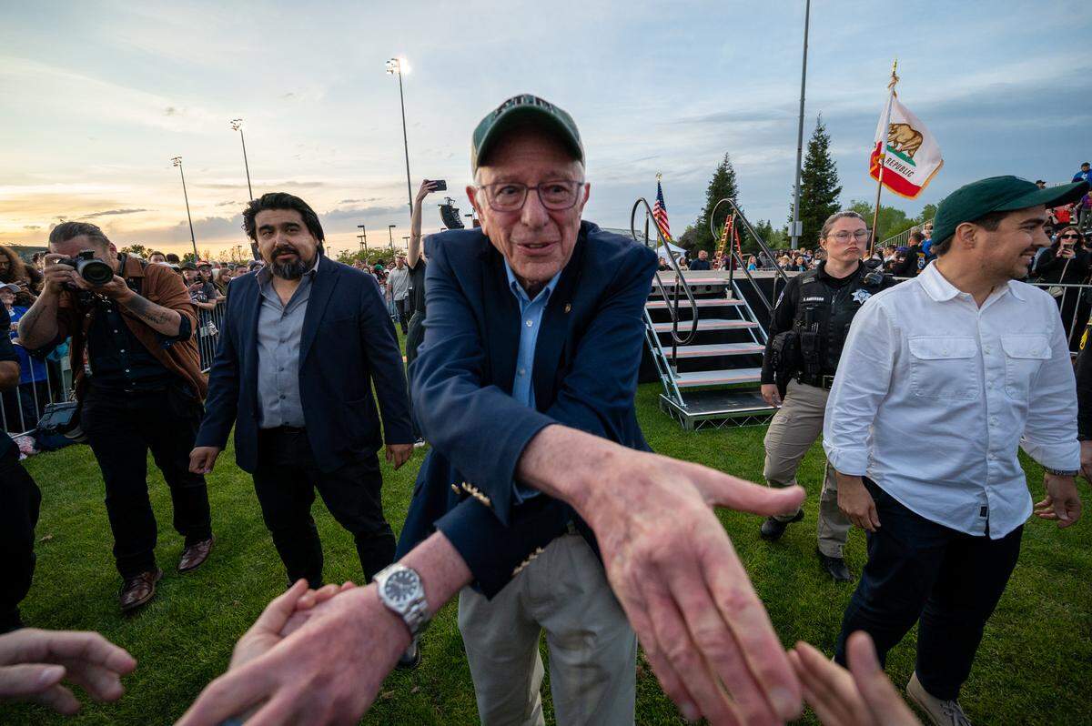 Sen. Bernie Sanders shakes hands with supporters after the “Fighting Oligarchy” rall with U.S. Rep. Alexandria Ocasio-Cortez at Folsom Lake College on Tuesday, April 15, 2025.