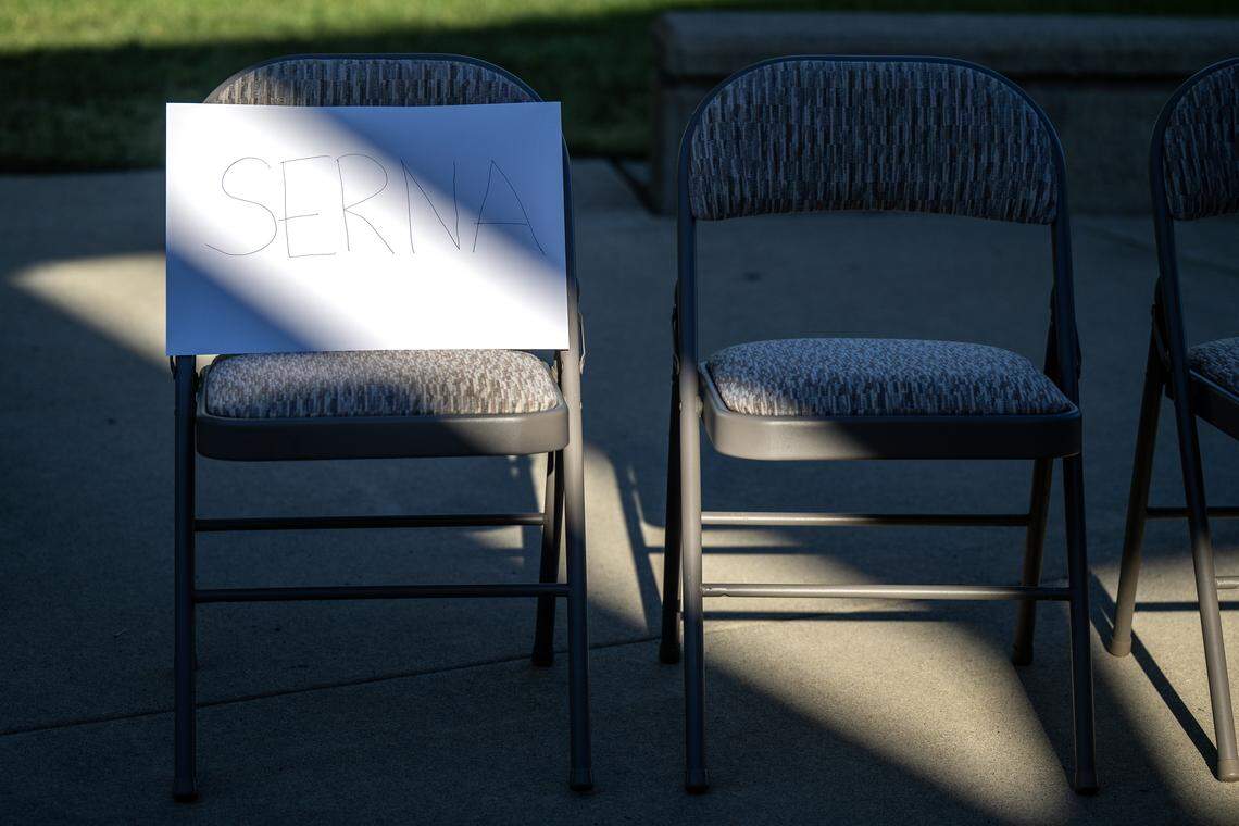 A seat reserved for Sacramento County Supervisor Phil Serna sits empty during a rally opposing the Upper Westside development on Tuesday at Westlake Community Park.