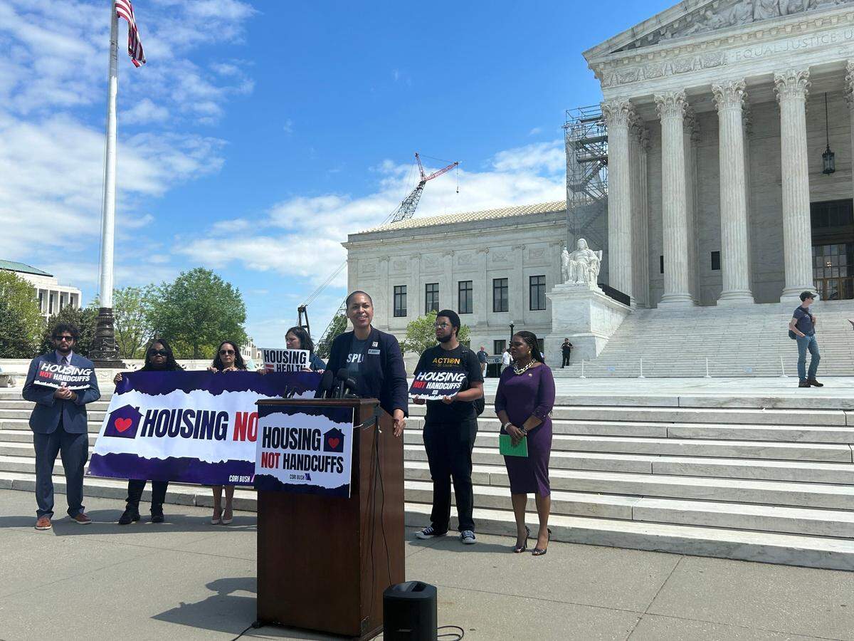 Housing advocates discuss City of Grants Pass v. Johnson in front of the Supreme Court