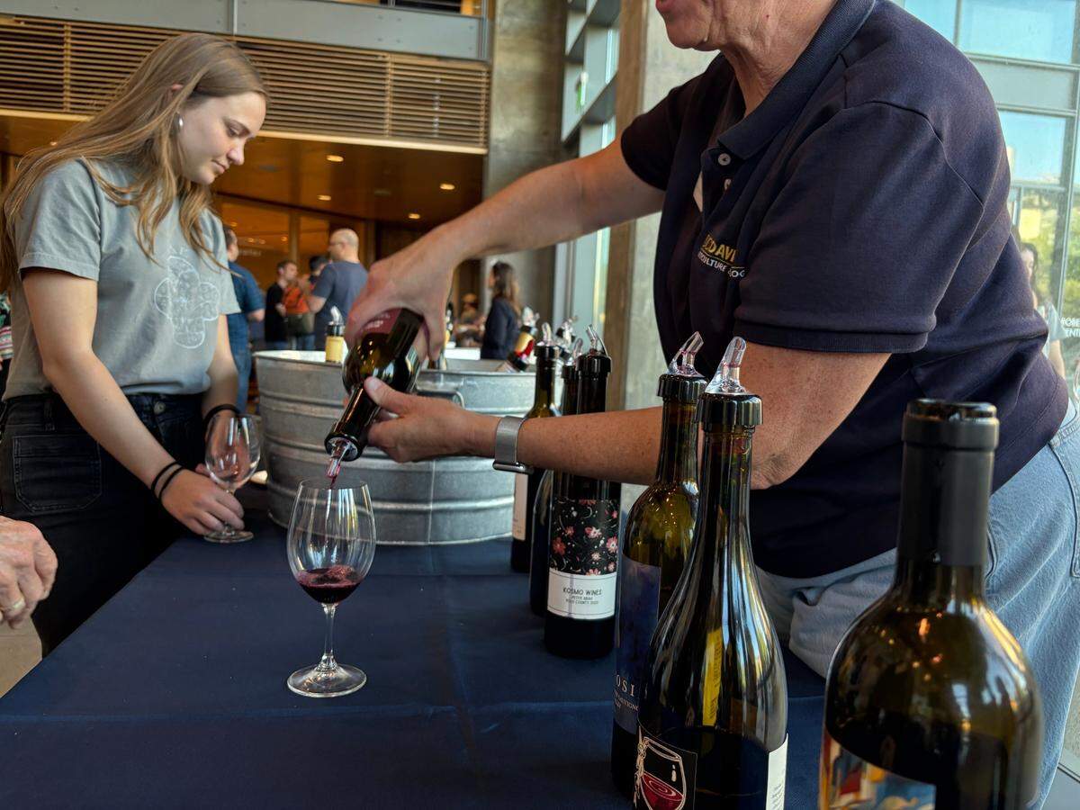 A glass of UC Davis student-made red wine is poured at a debut party on Wednesday, June 11, 2025.