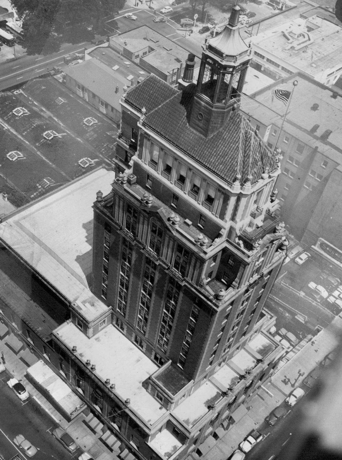 The Elks Tower at the of 11th and J streets in downtown Sacramento, photographed by air in June 1950, is one of the landmarks designed by Sacramento architect Leonard F. Starks. It was built in 1926. 