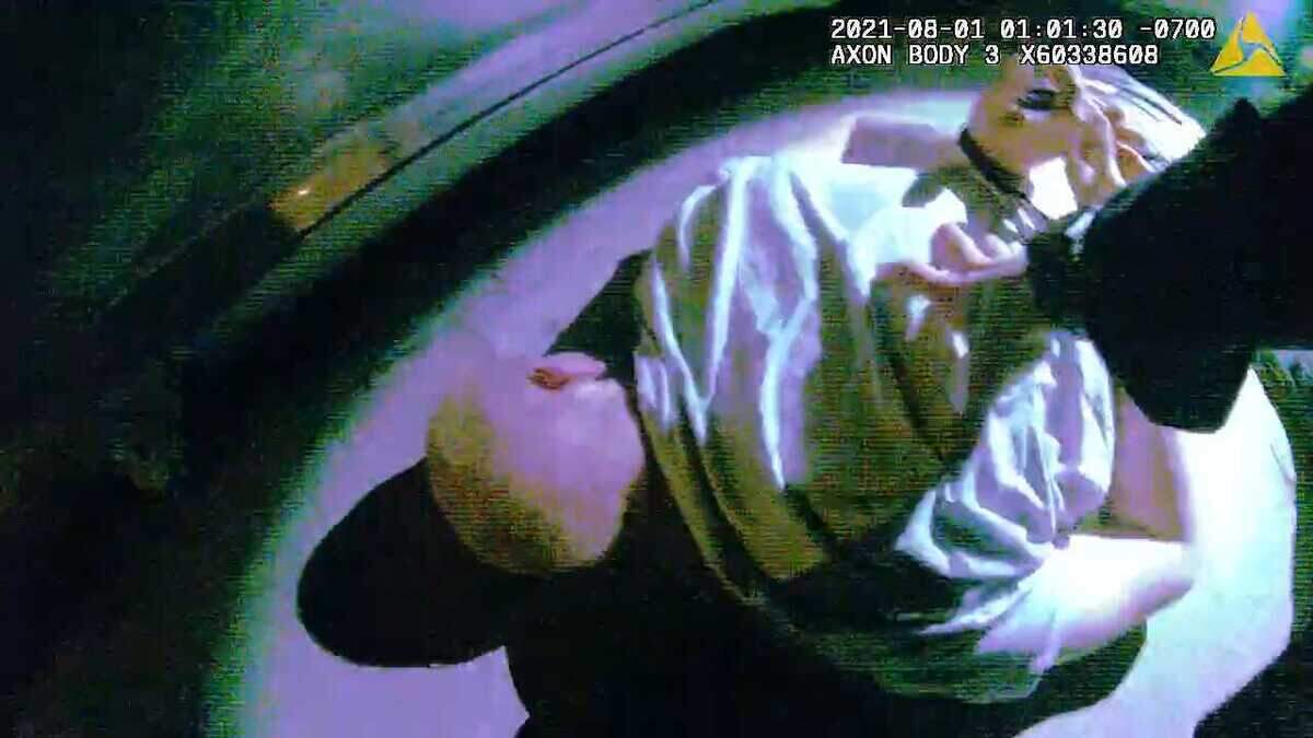 In an image taken from sheriff’s body-worn video, Larry Weigle is handcuffed following a struggle to arrest him by Sacramento County Sheriff’s Office deputies. Moments before, video shows Deputy Hunter Greenwood rushing to assist other deputies. In the video, Weigle is heard screaming after being stomped by Greenwood’s boot twice.