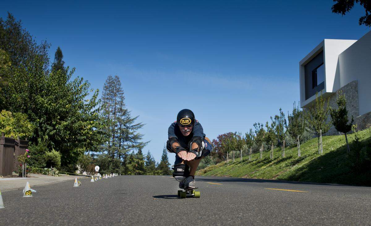 Jamie Hart, a N Men original member and slalom skateboarding World Champion, trains on a small hill in Fair Oaks in 2013.
