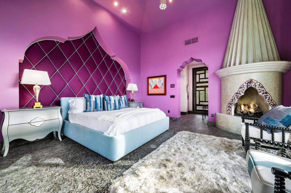 One of the five bedrooms in the Moroccan-inspired Palm Desert home.