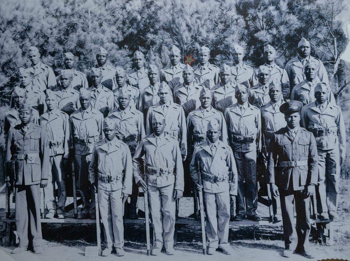 Richard Davis is photographed with his training Platoon 266 in 1943 at the Montford camp in North Carolina during WWII. He is one of the last surviving Montford Point Marines, a Black World War II unit.
