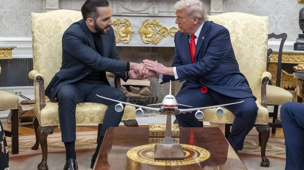 President Donald Trump shakes hands with the El Salvador Prime Minister Nayib Bukele in the Oval Office of the White House in April. 