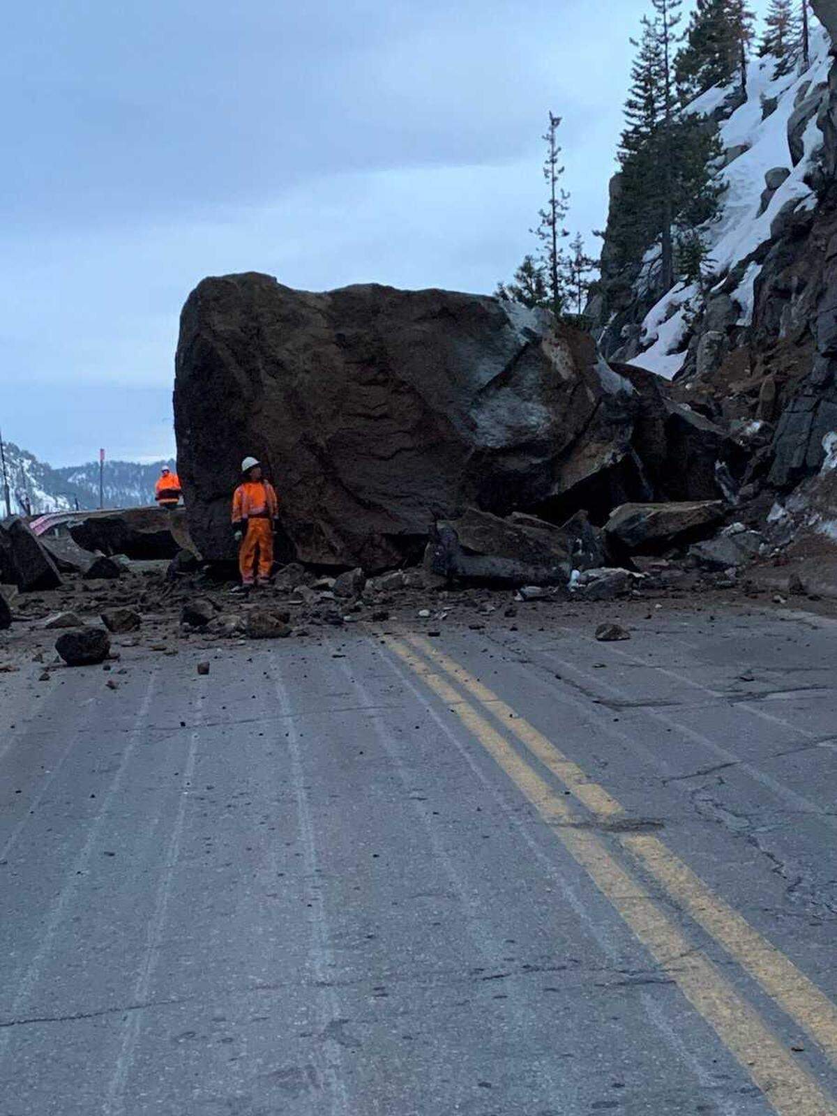 A rockslide is seen on Highway 50 near Echo Summit on Thursday, March 3, 2022. The rock came down before 5:40 p.m. and shut down the mountain highway in both directions.
