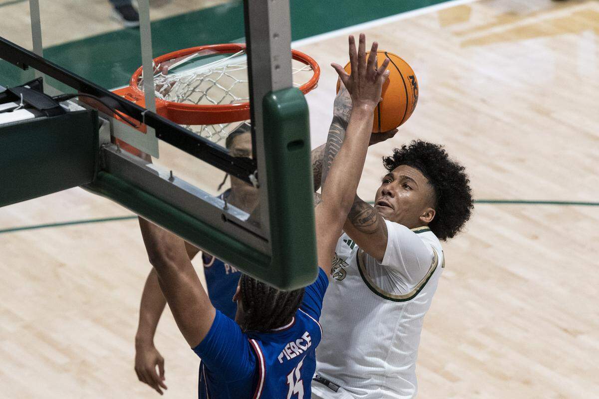 Sacramento State guard Mikey Williams (1) shoots during a game between Sac State and Presbyterian at Hornet Pavilion in Sacramento on Sunday, Nov. 16, 2025.