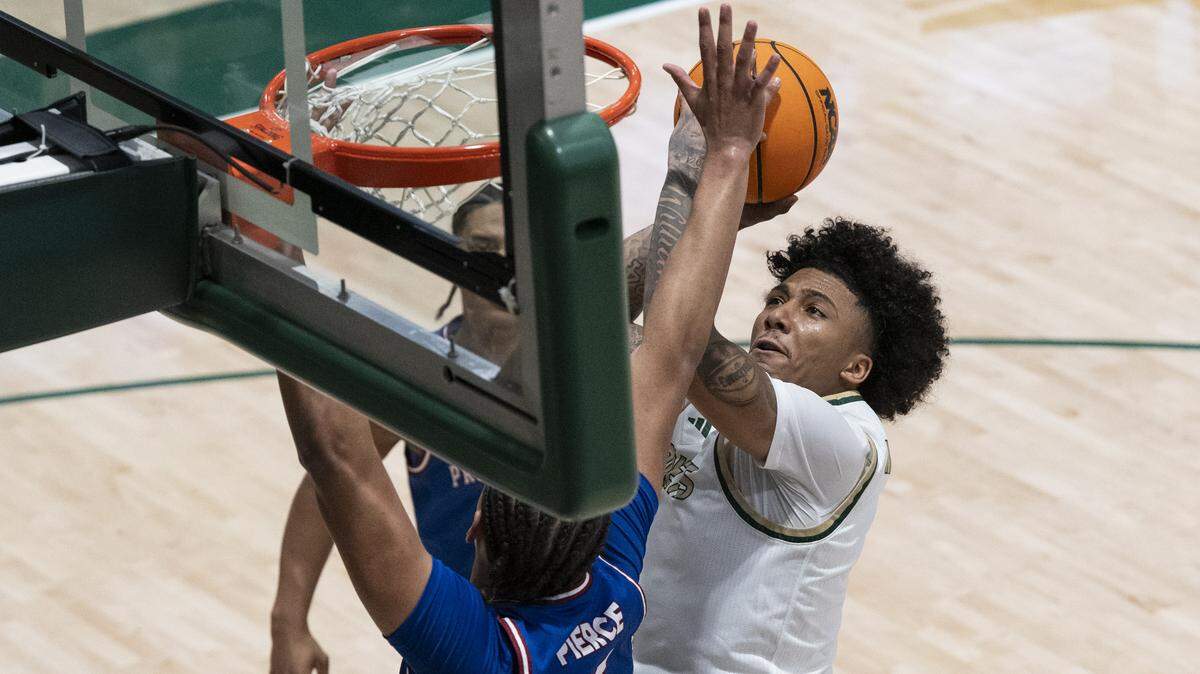 Sacramento State guard Mikey Williams (1) shoots during a game between Sac State and Presbyterian at Hornet Pavilion in Sacramento on Sunday, Nov. 16, 2025.