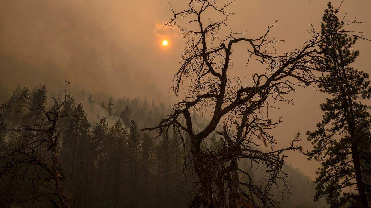The sun glows red along Highway 96 as the McKinney Fire burns in Klamath National Forest in Siskiyou County in July.