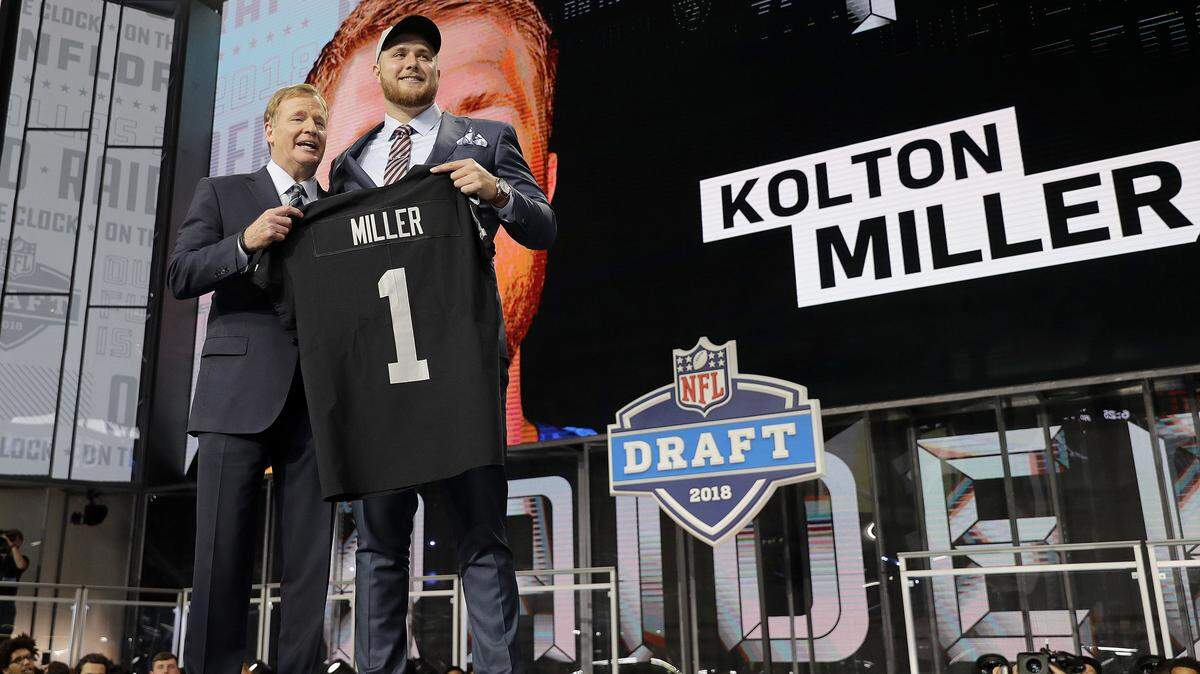 Commissioner Roger Goodell, left, presents UCLA’s Kolton Miller with his Oakland Raiders jersey during the first round of the NFL football draft, Thursday, April 26, 2018, in Arlington, Texas. (AP Photo/David J. Phillip)