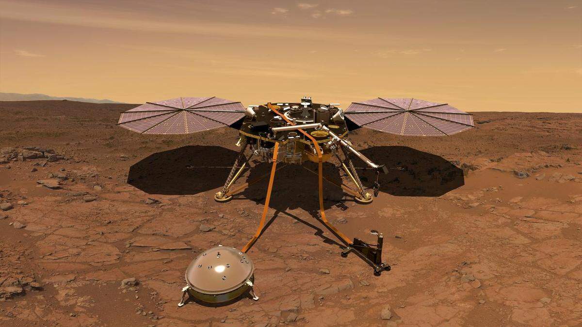 An artist's rendition of the InSight lander operating on the surface of Mars.