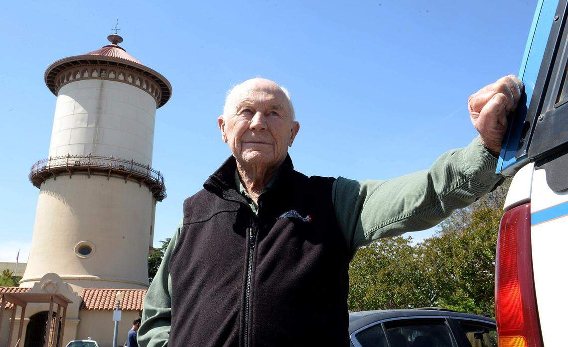 Legendary pilot Chuck Yeager appears in Fresno for a court case on April 24, 2014. A Fresno law firm sued Yeager and his wife Victoria for an unpaid bill of nearly $270,000. The case eventually settled.
