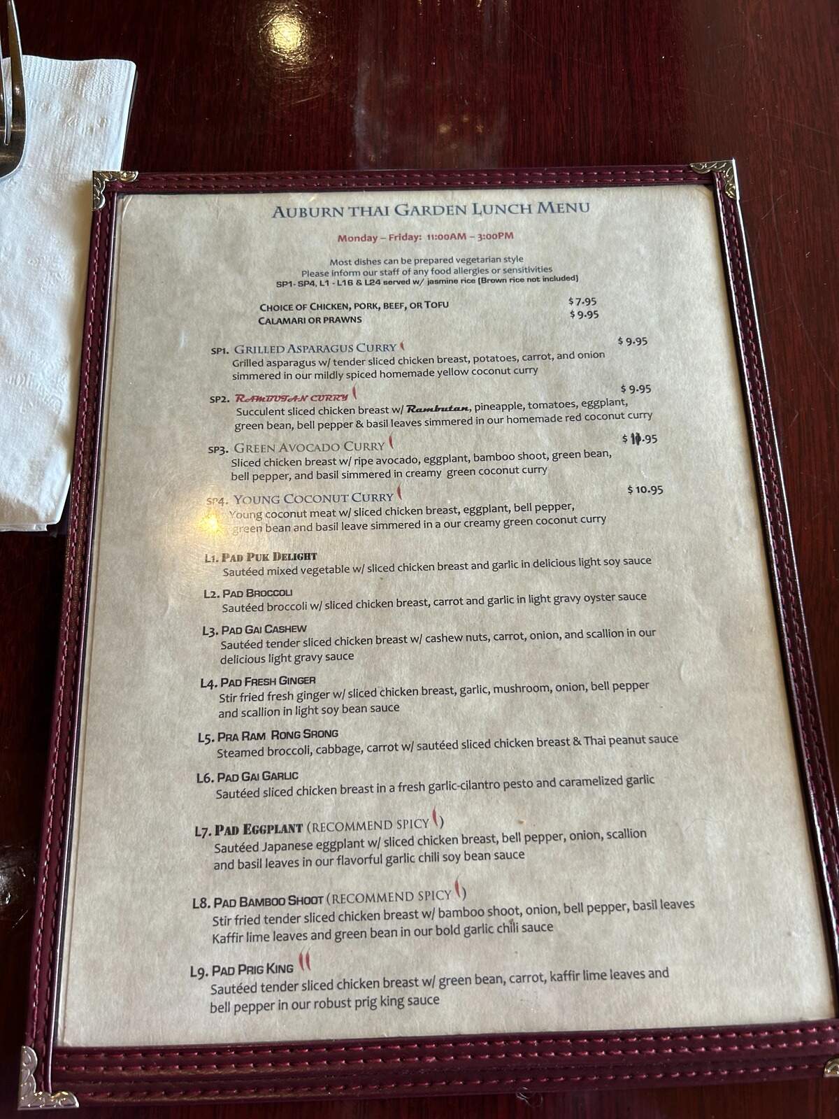 Most of the lunch menu available at Auburn Thai Garden can be substituted to be vegetarian if they aren’t already.