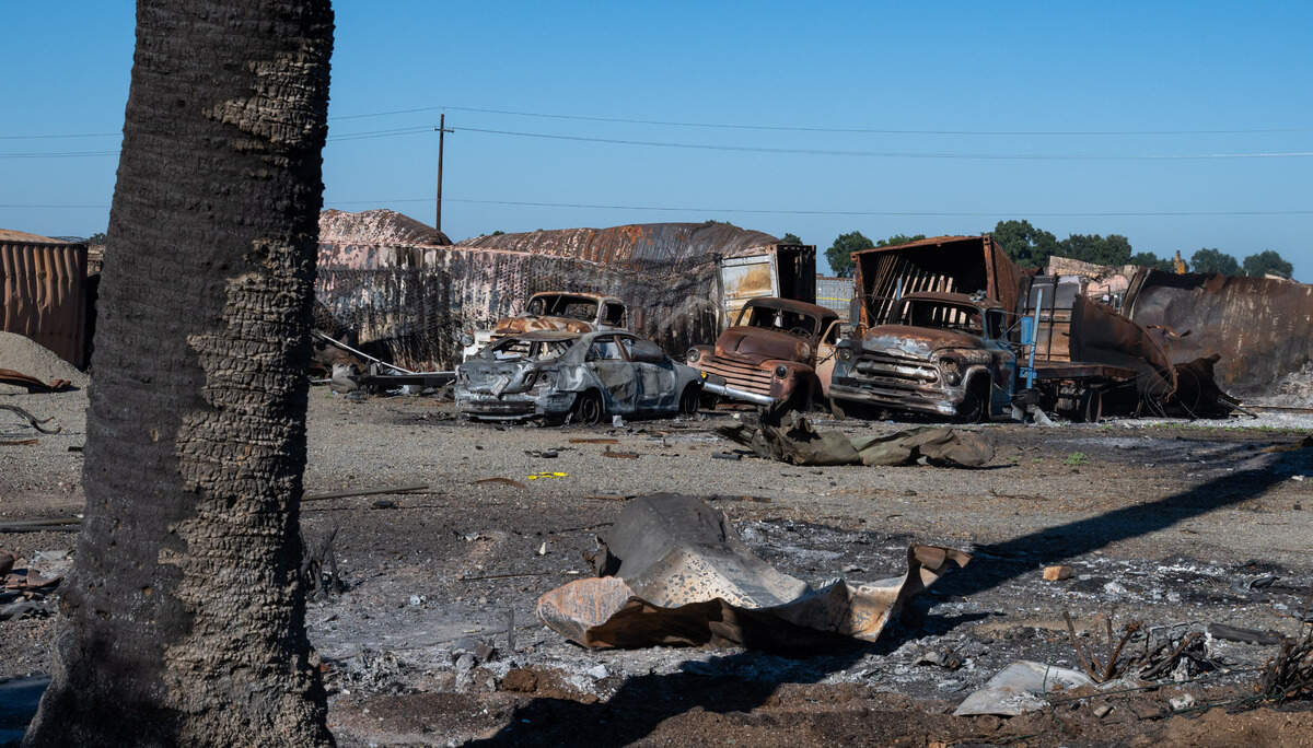Burned vehicles rest at the Esparto fireworks explosion site on Friday, July 18, 2025.