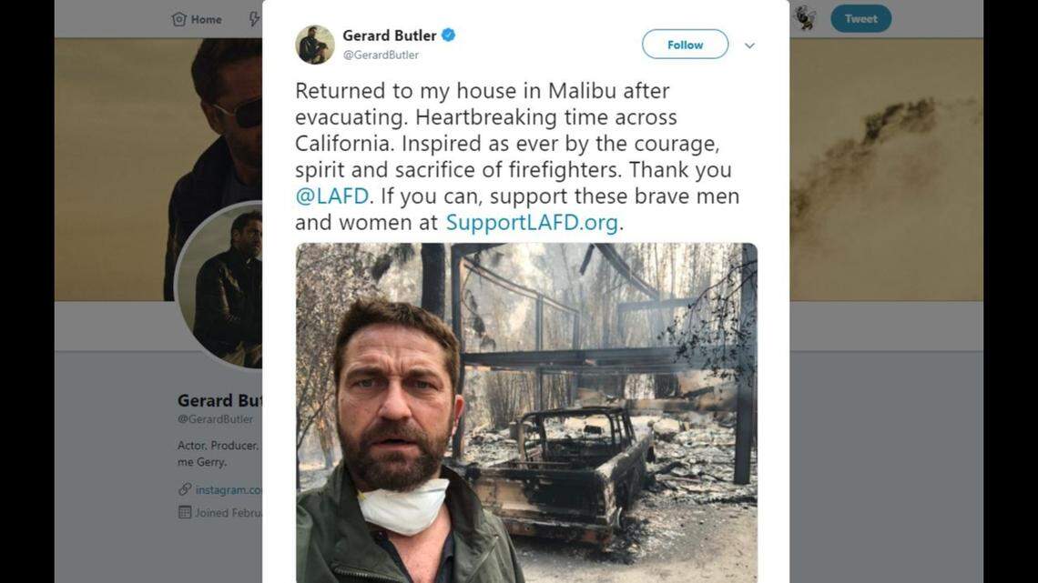 Actor Gerard Butler, star of “300” and “The Phantom of the Opera,” posted a photo Sunday of his burned-out house on Twitter. Like many celebrities and others hit by the devastating Woolsey Fire, Butler lives in Malibu.