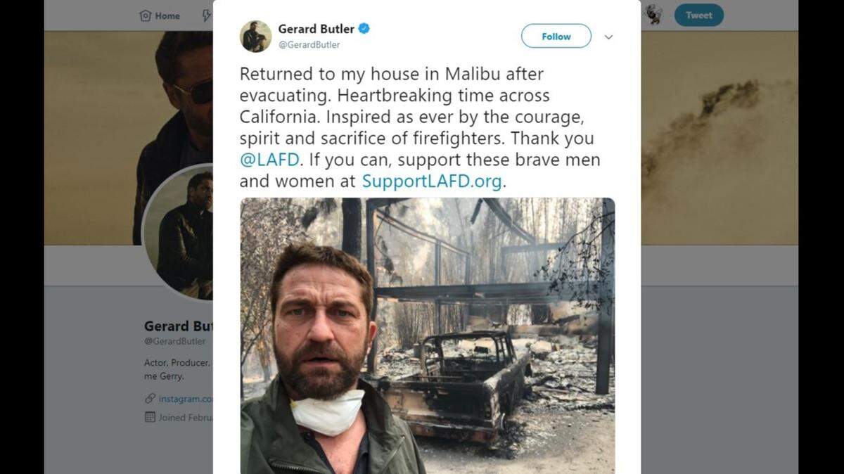 Actor Gerard Butler, star of “300” and “The Phantom of the Opera,” posted a photo Sunday of his burned-out house on Twitter. Like many celebrities and others hit by the devastating Woolsey Fire, Butler lives in Malibu.