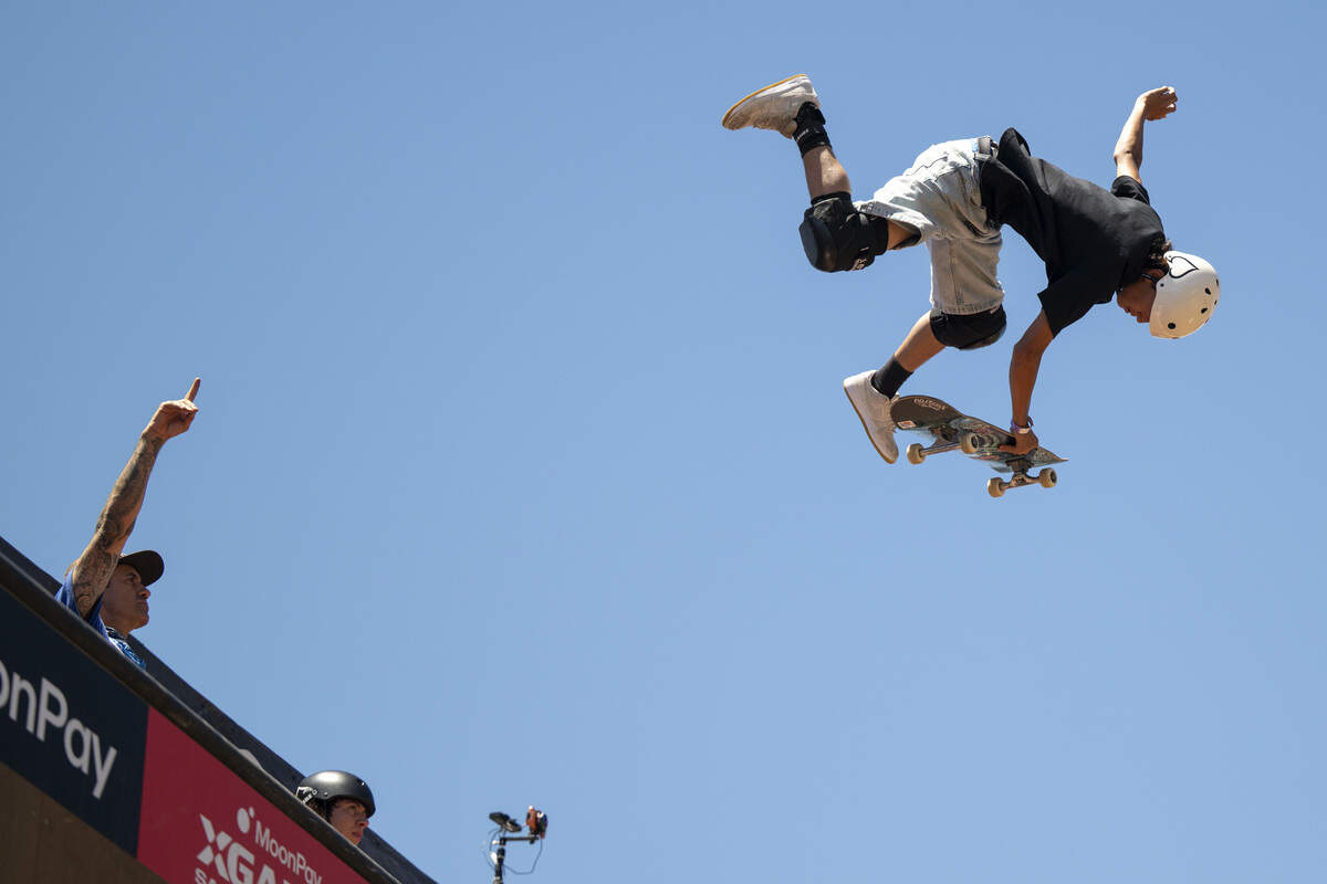 Soya Inomata, of Japan, competes in the Moonpay Men’s Skateboard Vert final as a part of X Games Sacramento at Cal Expo in Sacramento on Sunday, June 28, 2026.