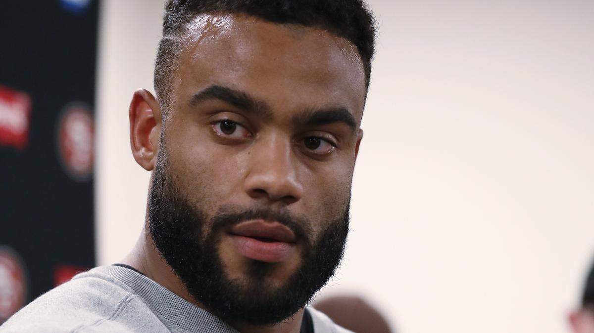San Francisco’s Solomon Thomas answers questions from the media Tuesday after practice with the 49ers.