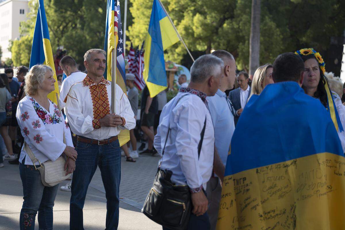 Ukrainian Americans wave Ukrainian flags during a Ukrainian Independence Day celebration at the California Capitol in Sacramento on Sunday.
