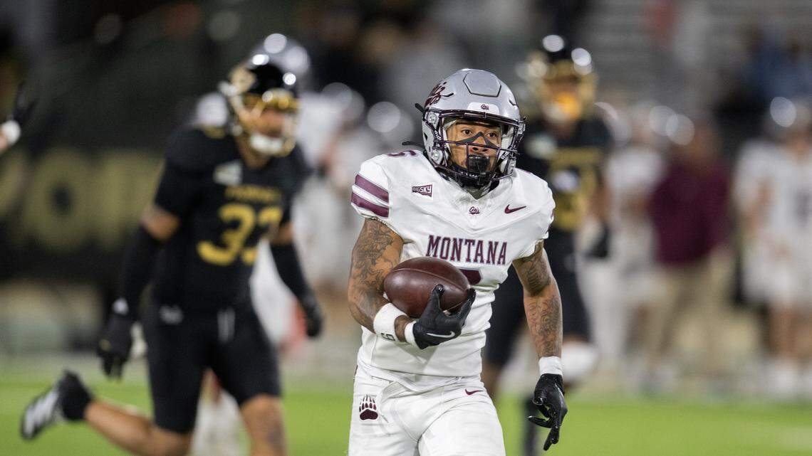Montana Grizzlies wide receiver Michael Wortham (6) runs in for a touchdown In the first half against the Sacramento State Hornets on Oct. 24 in Sacramento.