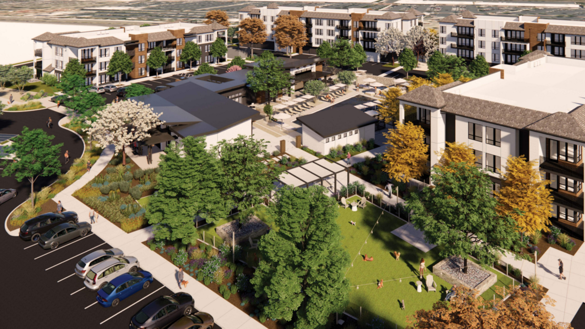 An architectural drawing shows a proposed 235-unit apartment community near the Delta Shores commercial center in south Sacramento, California.