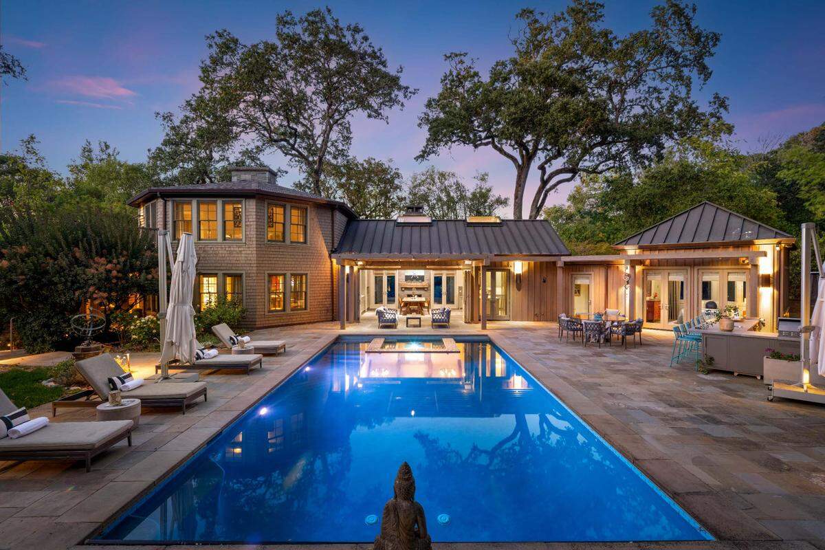The pool is new, and the octogon-shaped structure to the left is a living room that was the former Wake Robin Lodge lobby. The Sonoma County property is listed for $4.95 million.