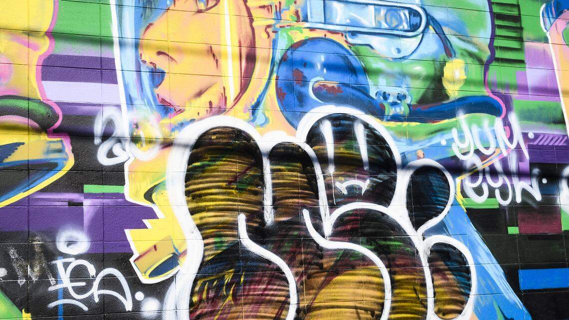 Graffiti defaces a mural on Powerhouse Alley near 19th Street in midtown Sacramento on Monday, Feb. 24, 2020.