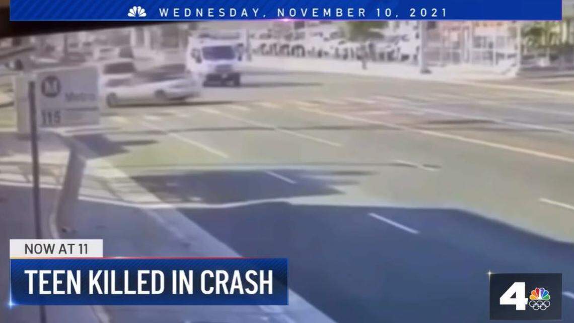 Security video of a Nov. 3 collision that killed a 12-year-old boy in South Gate, California, involving an off-duty Los Angeles County sheriff’s deputy,.