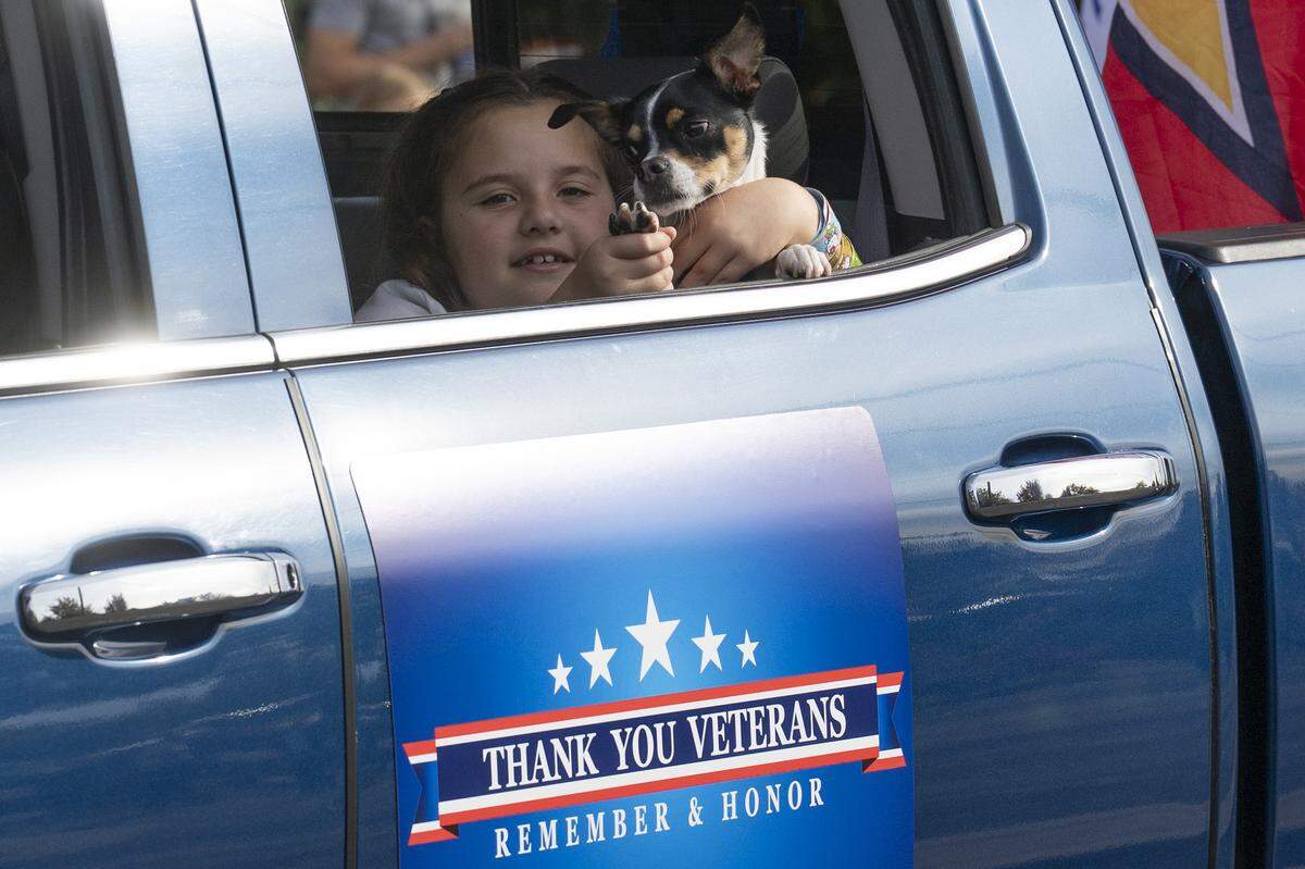A parade participant waves with her dog from a float during a Veterans Day parade in Folsom on Tuesday, Nov. 11, 2025.