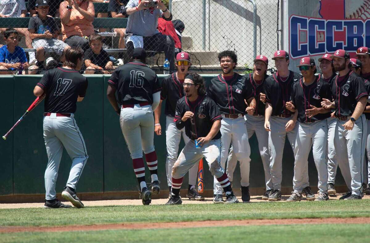 Sierra hitter Joshua Hardamon, #16, celebrates after hitting a solo home run at the California community college baseball championships Saturday, May 27, 2023, at Folsom Lake College.