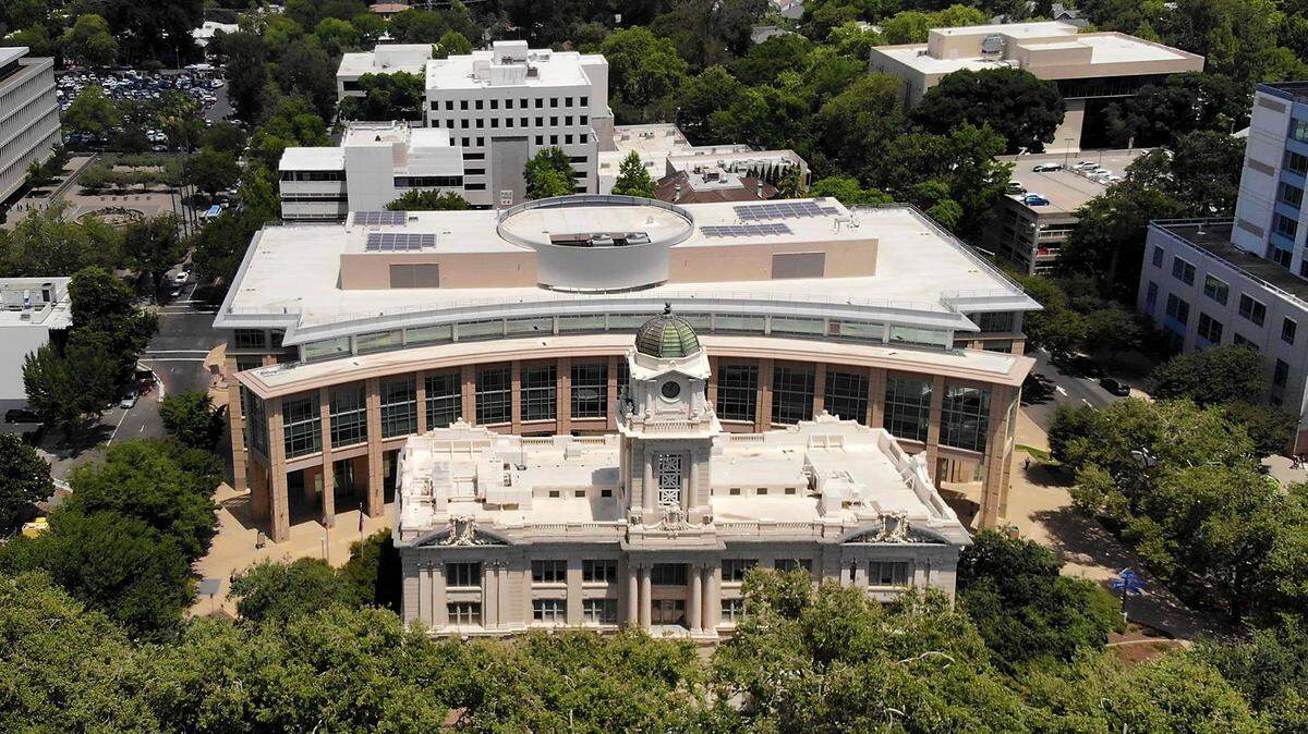 Aerial image of the City Hall building in downtown Sacramento on Thursday, July 12, 2018.